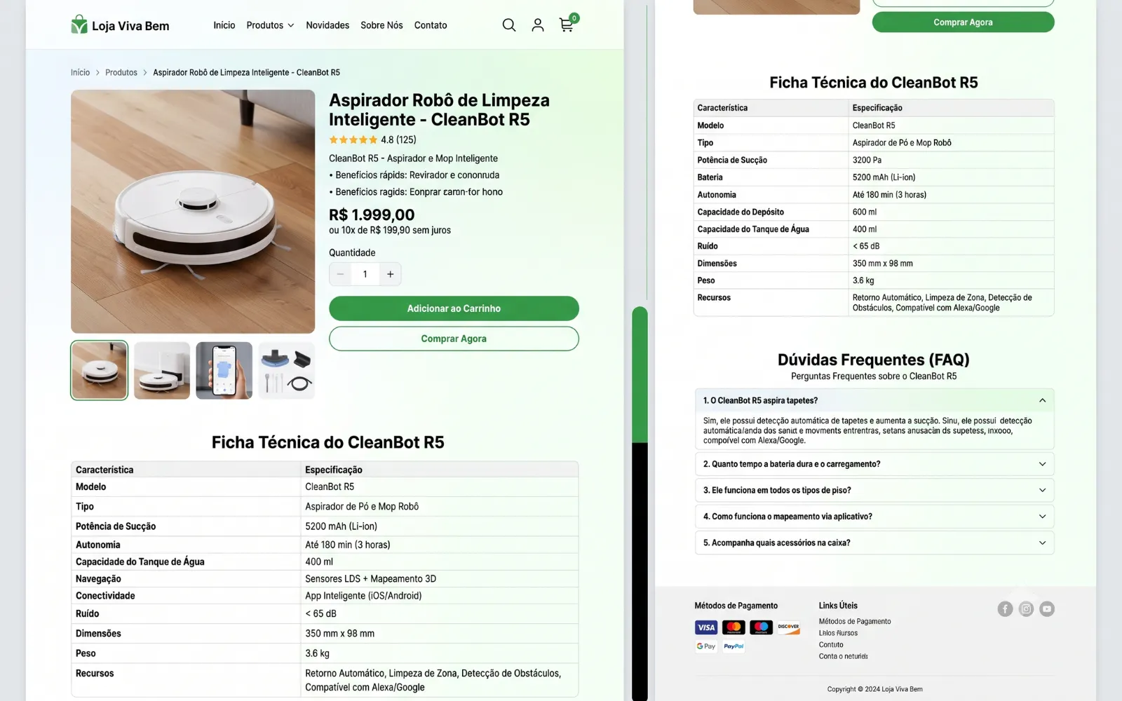 Exemplo de página de produto de loja Shopify com ficha técnica e FAQ estruturados