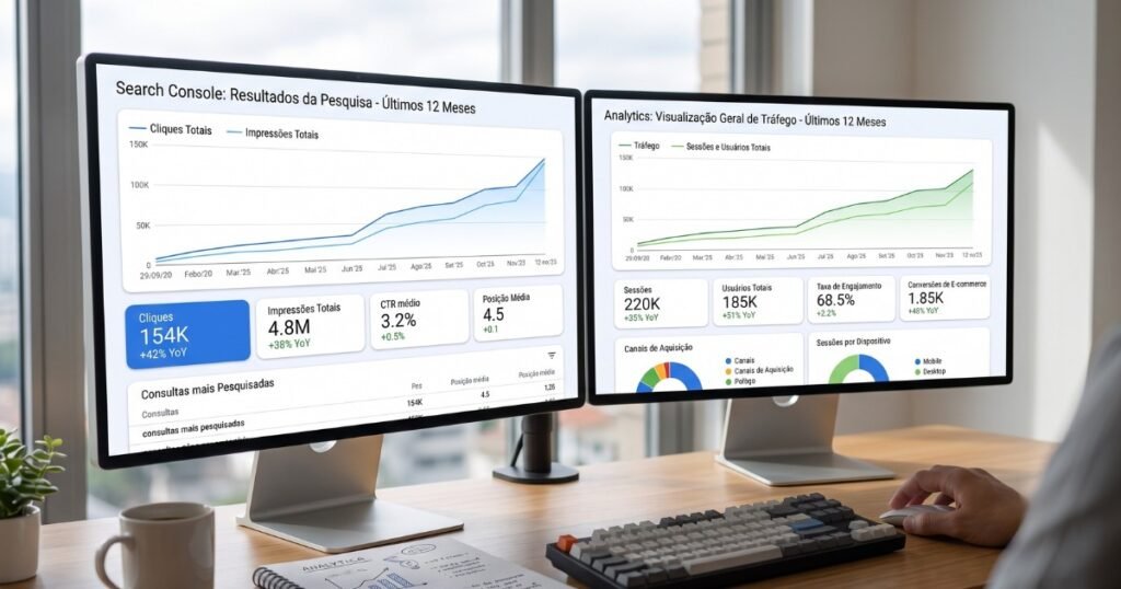 Tela de computador mostrando Google Analytics e Search Console lado a lado com gráficos de crescimento de tráfego orgânico ao longo de 12 meses, representando o resultado do trabalho consistente em SEO.