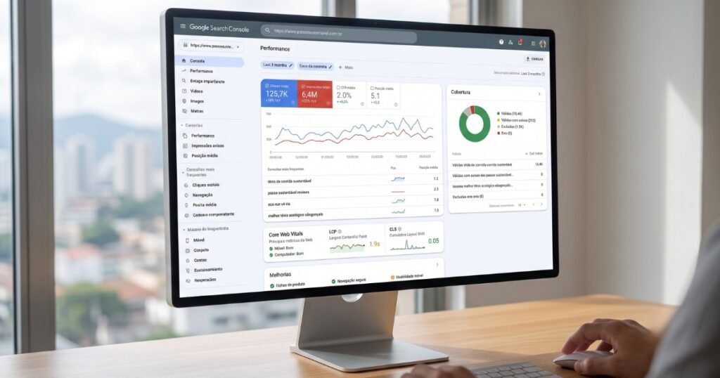 Painel do Google Search Console mostrando métricas de performance, cobertura e Core Web Vitals de uma loja Shopify, representando o SEO técnico como base fundamental para aparecer no Google.